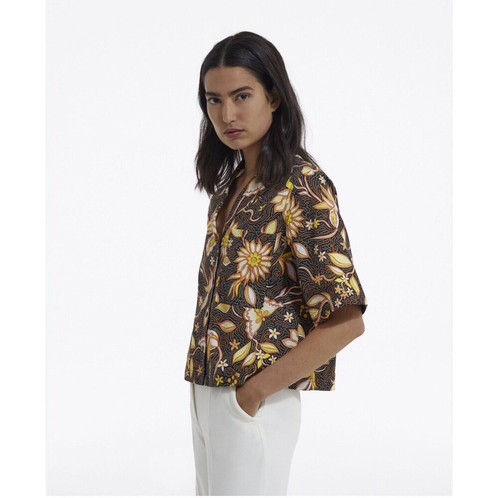 The Kooples Top Black Coral Pattern Short Sleeve Funky Retro Button Down Shirt